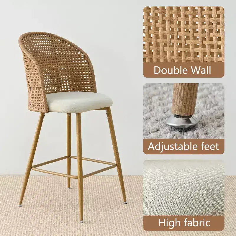 Set of 2 Natural Rattan Bar Stools, 29 Bar Height Boho Upholstered High Chairs with Woven Back - Panipeachy