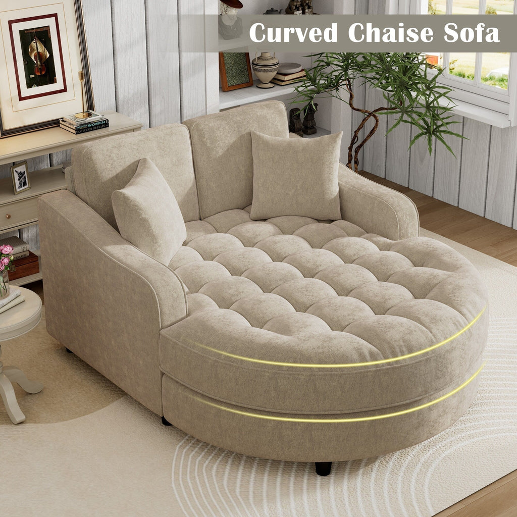 Chenille Chaise Lounge Sofa Bed, Upholstered Sofa Couch with Tufted Backrest and 2 Detachable Pillows for Living Room