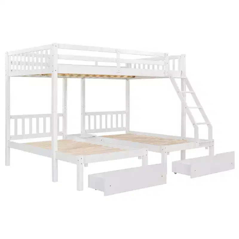 Full Over Twin & Twin Bunk Bed for 3, Wooden Triple Bunk Bed with 2 Storage Drawers, can be Divided into 3 Separate Beds