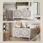 Buffet Cabinet with Storage, Distressed Storage Cabinet with 4 Carved Doors and Adjustable Shelf, Wooden Accent Sideboard Buffet Cabinets