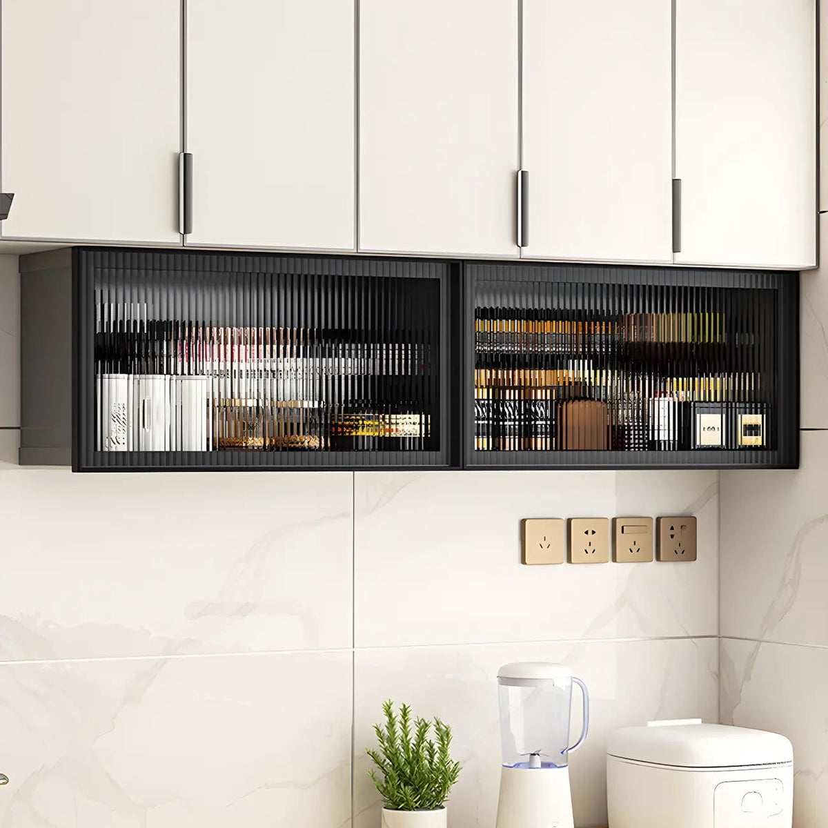 Grey Metal Floating Mounted Glass Kitchen China Cabinet