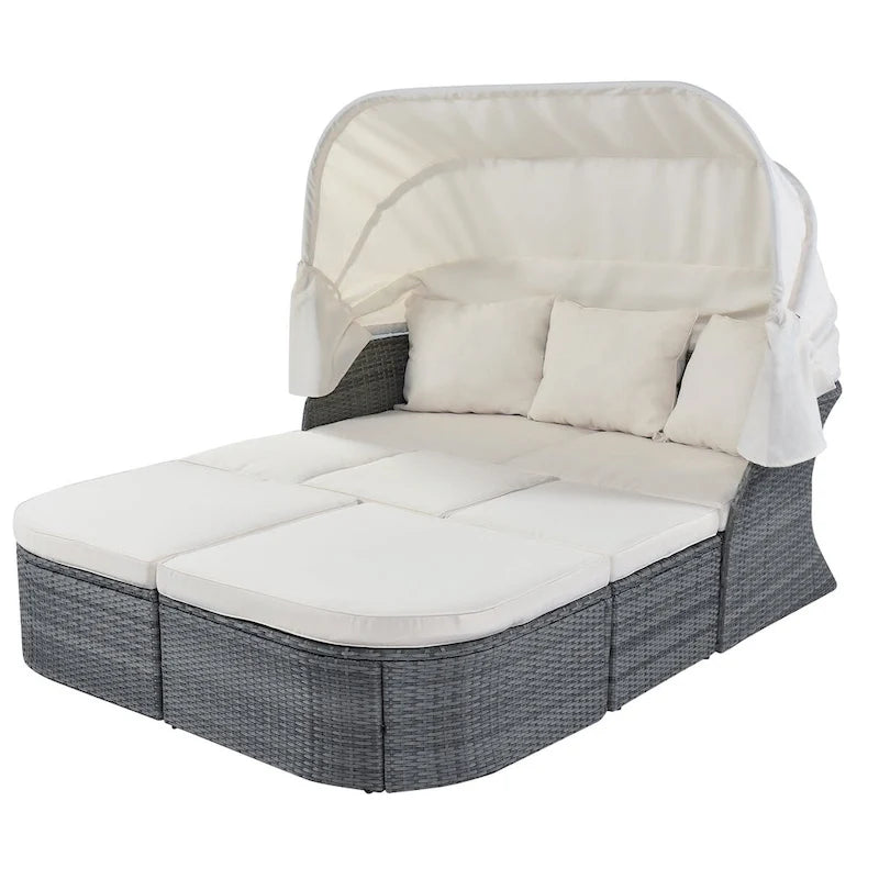 Outdoor Gray Wicker Daybed with Cushions and Retractable Canopy