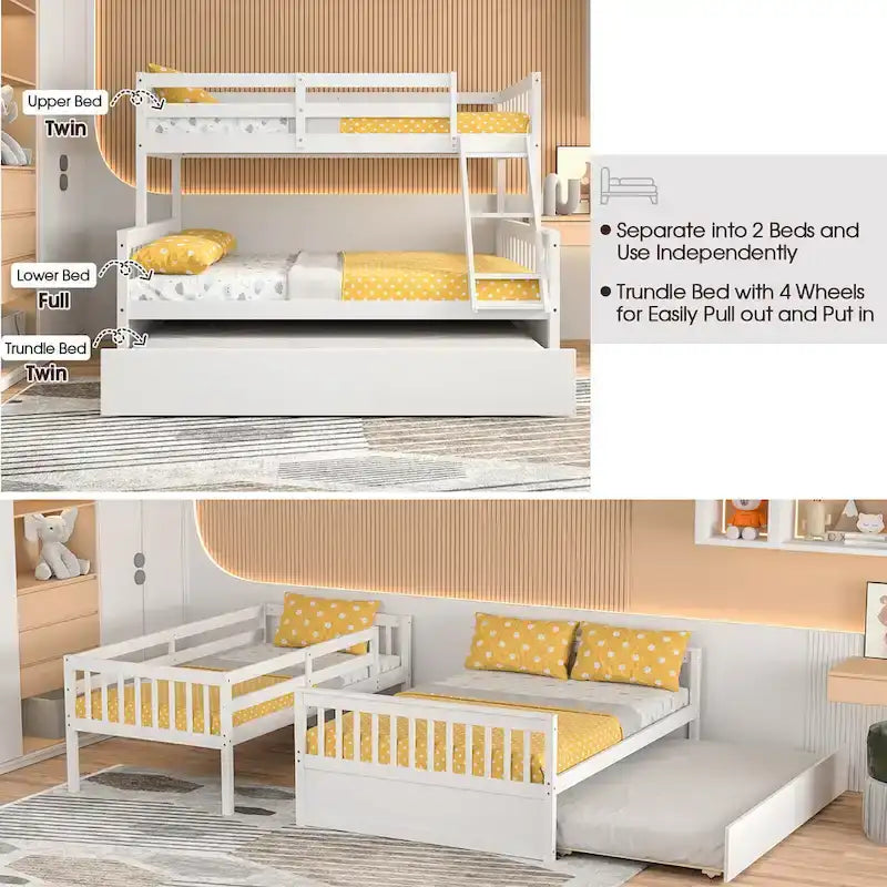 Gymax Twin Over Full Bunk Bed with Twin Trundle Convertible Platform