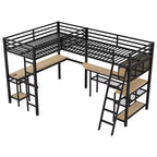 Twin Metal L-Shaped Loft Bed with Storage Shelves, 2 Built-in Desks - Black