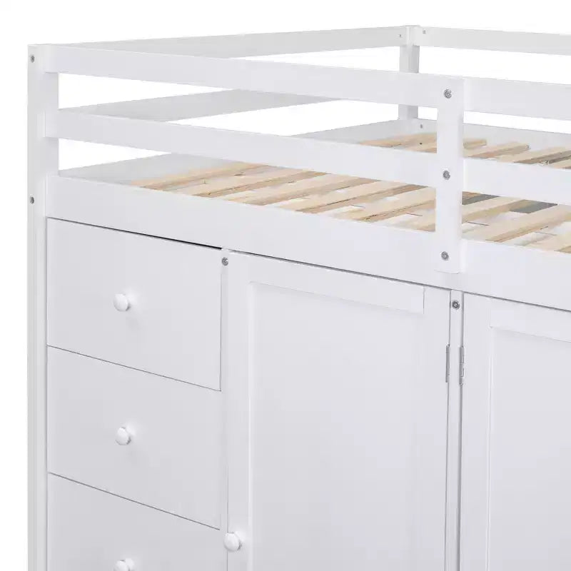 Teddy Fleece Full Size Loft Bed with Storage Shelf and Drawers, Wooden High Loft Bed with Versatile Desk for Bedroom