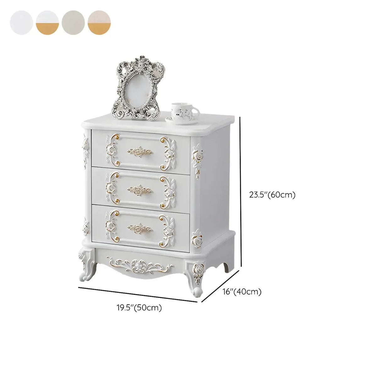 Traditional White Wood Carved 3-Drawer Nightstand