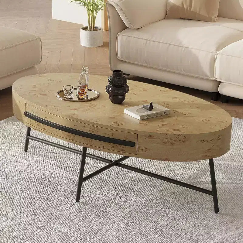 Oval Coffee Table with Drawer Mid-Century Modern Center Table 47.2 Wooden Coffee Table with Storage and Cross Metal Legs Curved Design