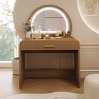 Makeup Vanity Table with Large Mirror and Touch Screen, Vanity Desk with Large Drawer and Arched Corner, Dressing Table for Bedroom