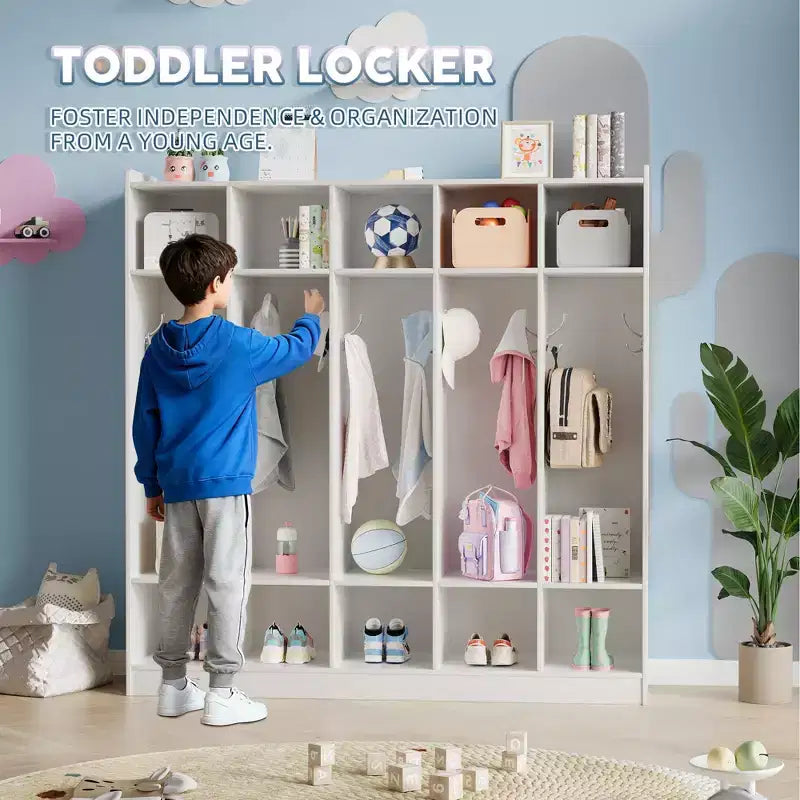 5-Section Classroom Coat Locker with 10 Cubbies, Cubby Storage Organizer with 10 Hooks for Home, School, Nursery, Kindergarten