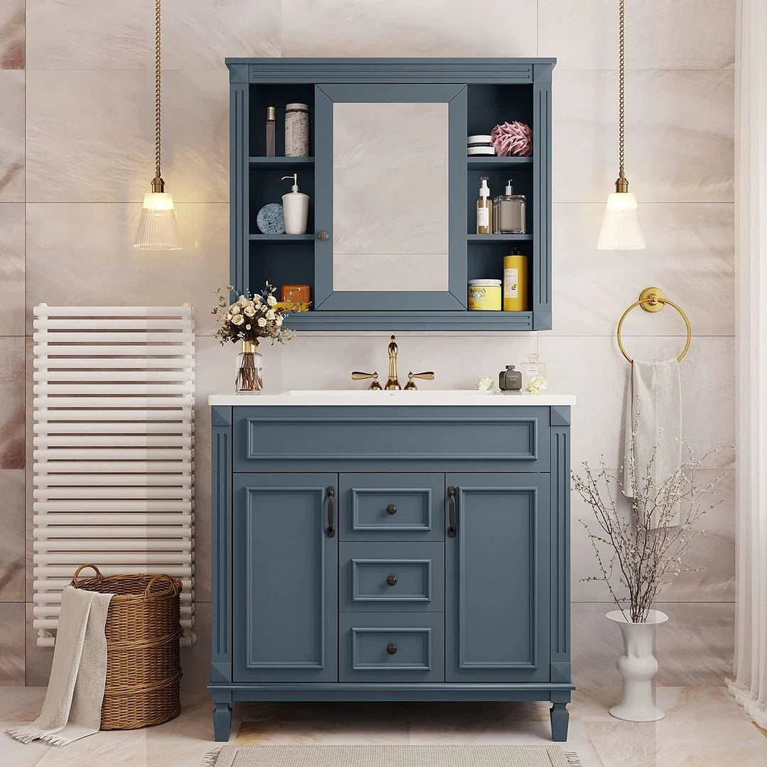 36 Modern Bathroom Vanity with Top Sink and Mirror Cabinet,2 Doors and 2 Drawers