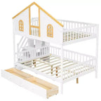Whisen Twin Size Bunk Bed with Window Door and Roof, Storage Drawers and Staircase