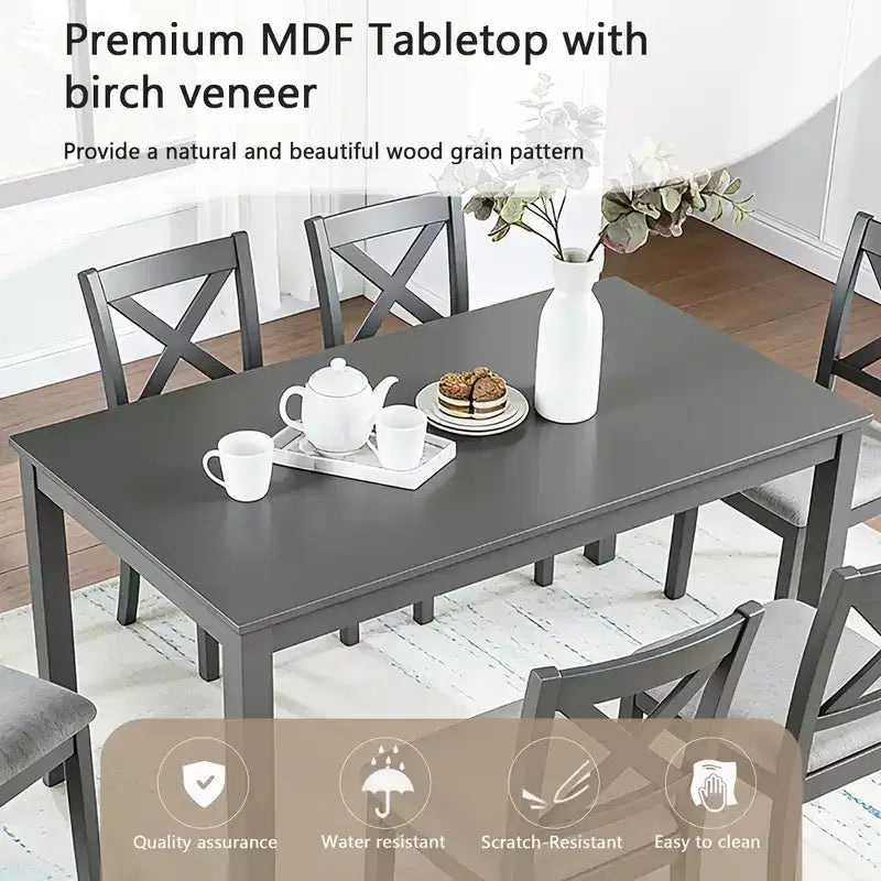 GDFStudio Loren Modern 7-Piece Solid Wood Upholstered Dining Table and Chairs Set