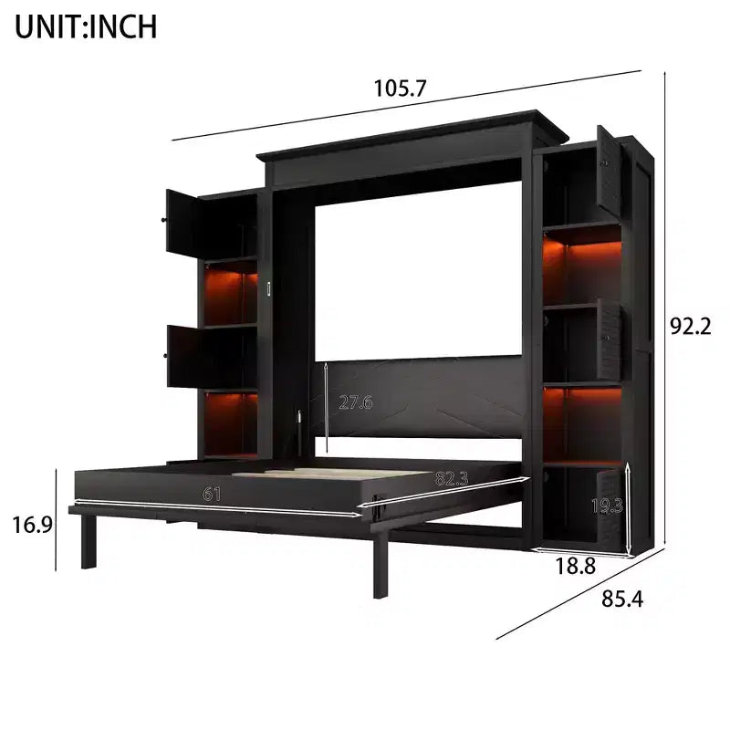 Luxystar Modern Queen Murphy Bed with 10 Storage Shelves and Upholstered Headboard, Black