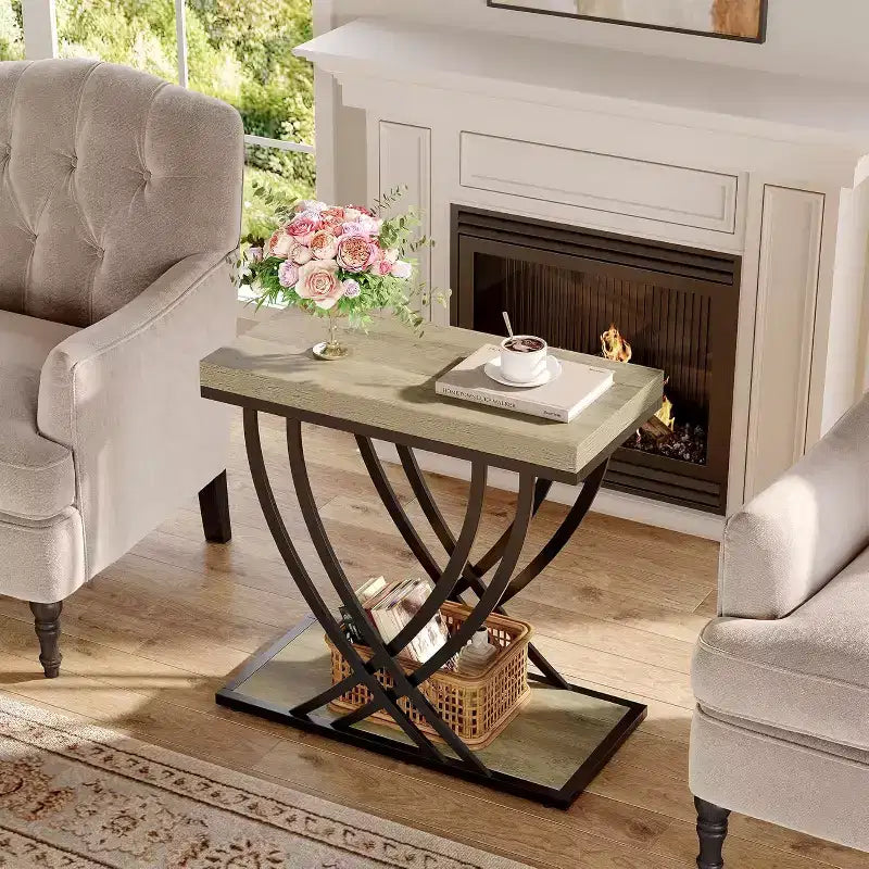 Side Table, 2-Tier Narrow End Table for Living Room, Industrial Bedside Tables with Metal Frame for Bedroom, Sofa Couch, Small Spaces, Grey