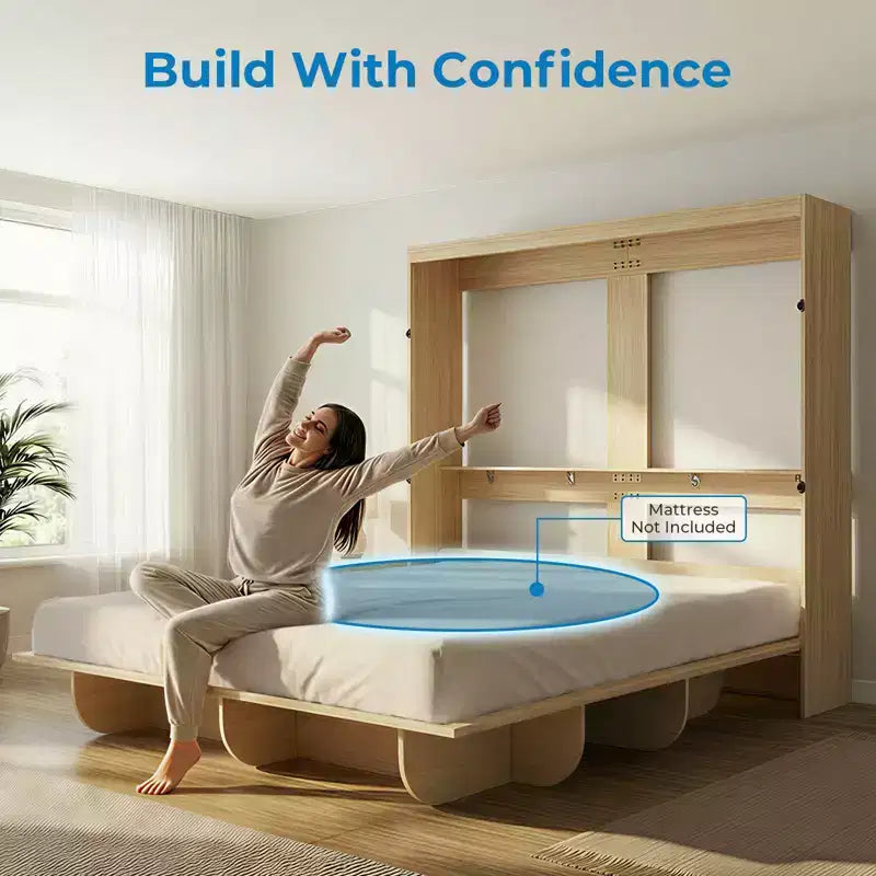 2-in-1 Invisible Murphy Bed with Shelf Storage, Queen Size, Natural Wood (Mattress Not Included)