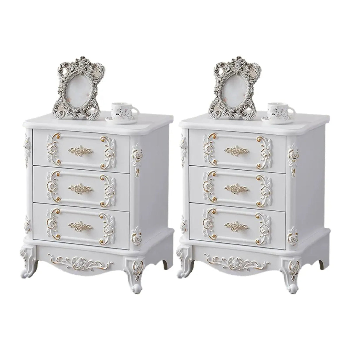 Traditional White Wood Carved 3-Drawer Nightstand
