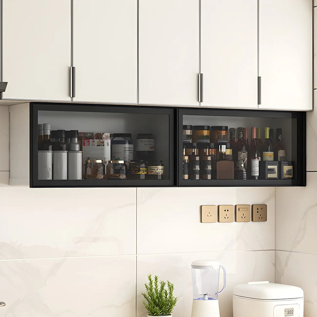 Grey Metal Floating Mounted Glass Kitchen China Cabinet