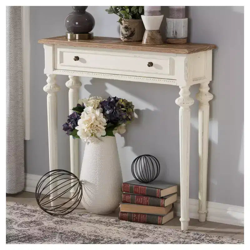 Marquetterie French Provincial Style Weathered Oak & Distressed Wood Console Table - White - Baxton Studio: Vintage, Carved Legs