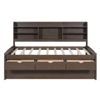 Full Size Wooden Captain Platform Bed with Built-in Bookshelves, Three Storage Drawers and Trundle