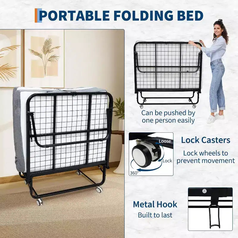 Folding Bed with Mattress for Adults,Portable Rollaway Guest Beds , Foldable Metal Frame Bed with 5 Memory Foam Mattress & Side Storage Pocket
