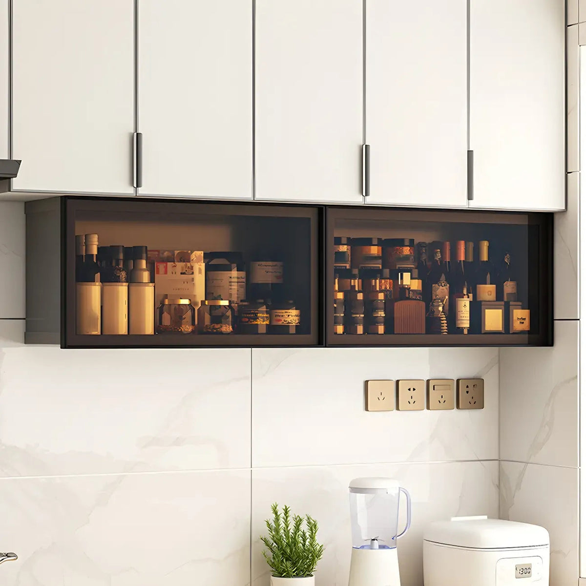 Grey Metal Floating Mounted Glass Kitchen China Cabinet