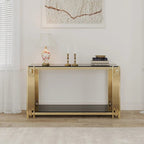 Narrow 2-tier Console Table with Gold Finished Metal Frame and Tempered Glass Top