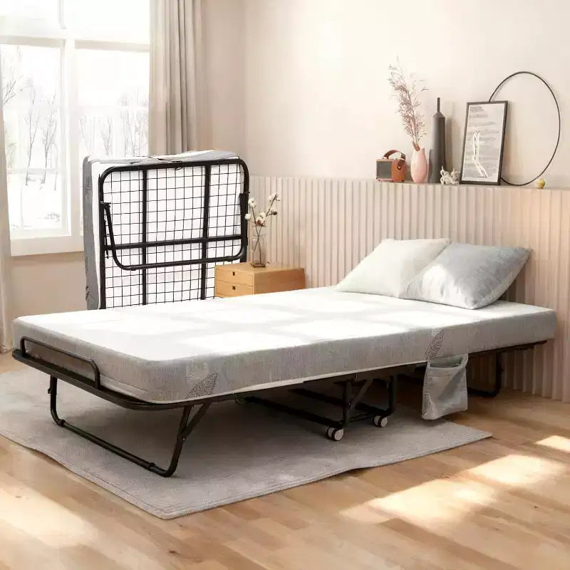 Folding Bed with Mattress for Adults,Portable Rollaway Guest Beds , Foldable Metal Frame Bed with 5 Memory Foam Mattress & Side Storage Pocket
