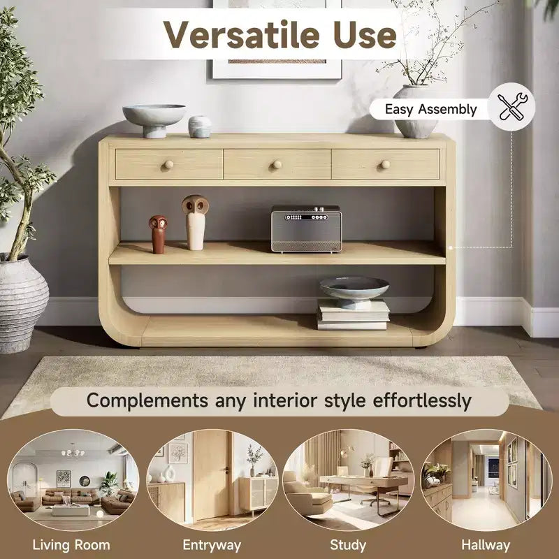 ModernLuxe Curved Console Table Entryway Table Sofa Side Table Display Stand Accent Table with 3 Soft-Close Drawers & 2 Open Shelves