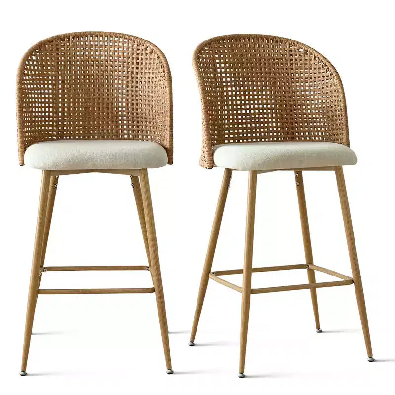 Set of 2 Natural Rattan Bar Stools, 29 Bar Height Boho Upholstered High Chairs with Woven Back - Panipeachy