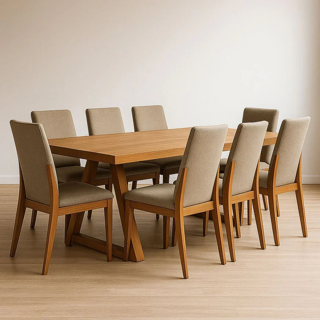 Table de salle ¨¤ manger rectangulaire en bois massif et 8 chaises en tissu beige
