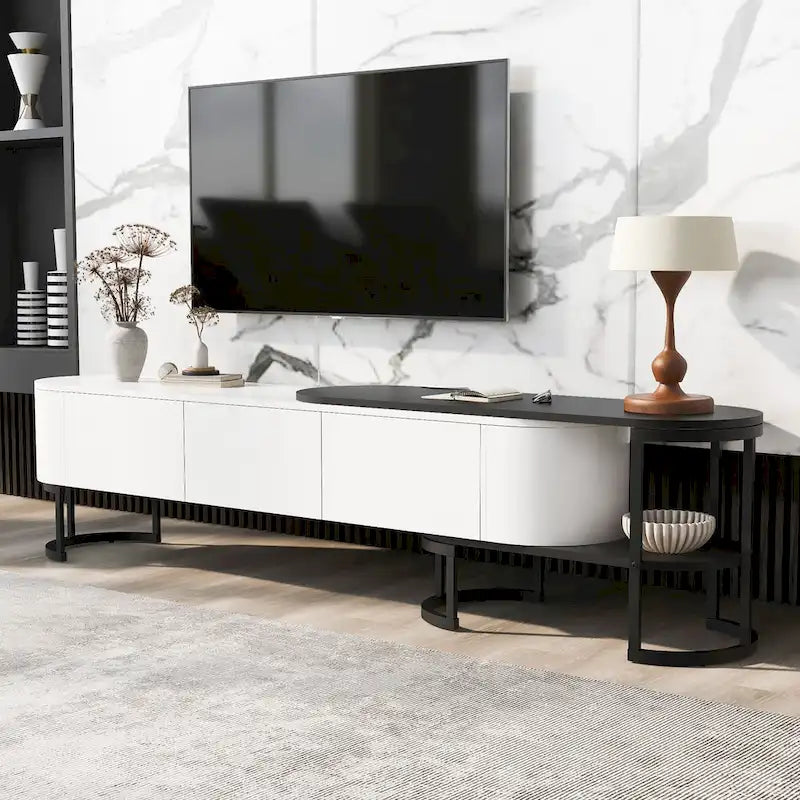Modern Black White Retractable TV Stand with 3 Drawers and Metal Adjustable Legs for Living Room Bedroom