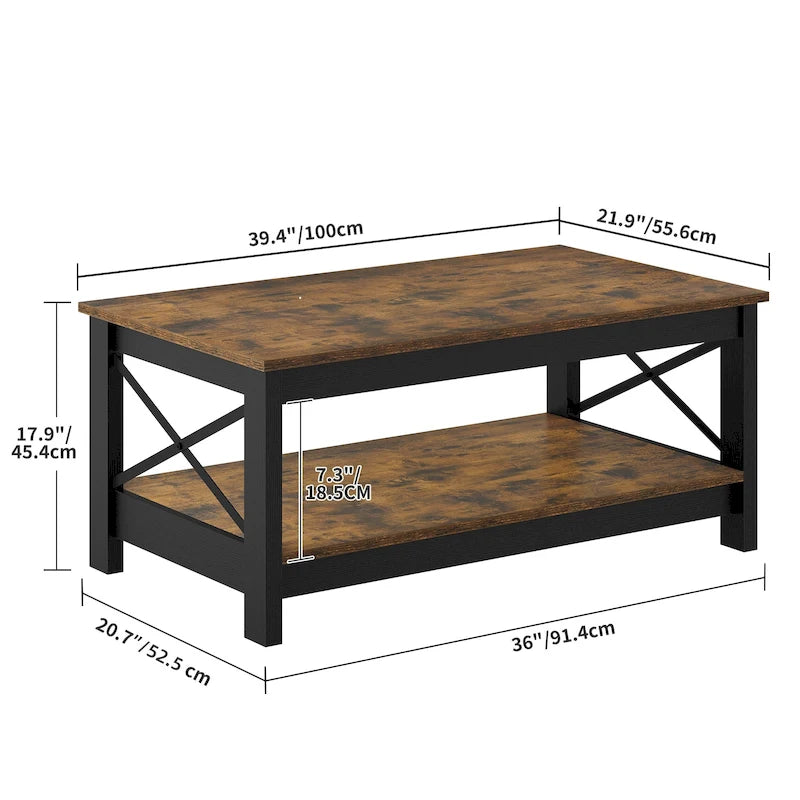 Farmhouse Coffee Table with Storage 2-Tier Center Table for Living Room