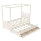 Twin/Full Size Platform Bed with Trundle, Princess Wood Canopy Bed with 3 Drawers, Storage Bed with Upholstered Headboard for Bedroom