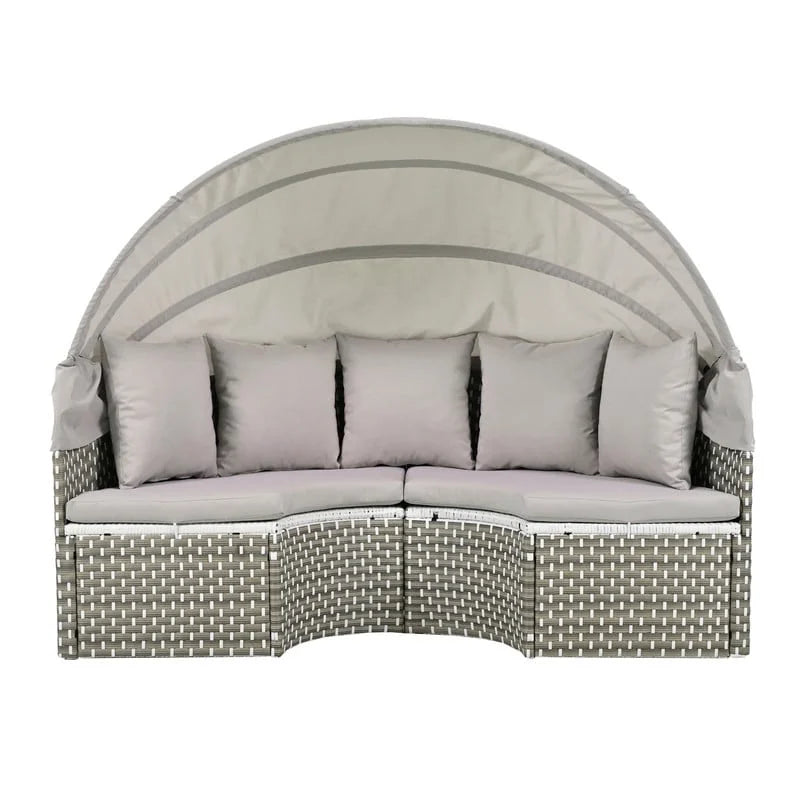 Round Outdoor Daybed Two-Tone Weave Sunbed with Retractable Canopy