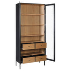 Modern Industrial Oak Veneer & Metal Cabinet with Large Glass Doors for Living Room or Study