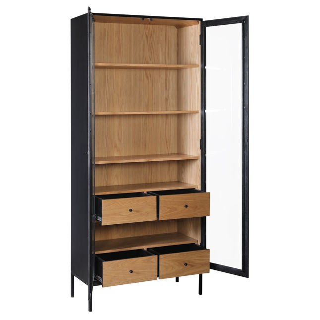 Modern Industrial Oak Veneer & Metal Cabinet with Large Glass Doors for Living Room or Study