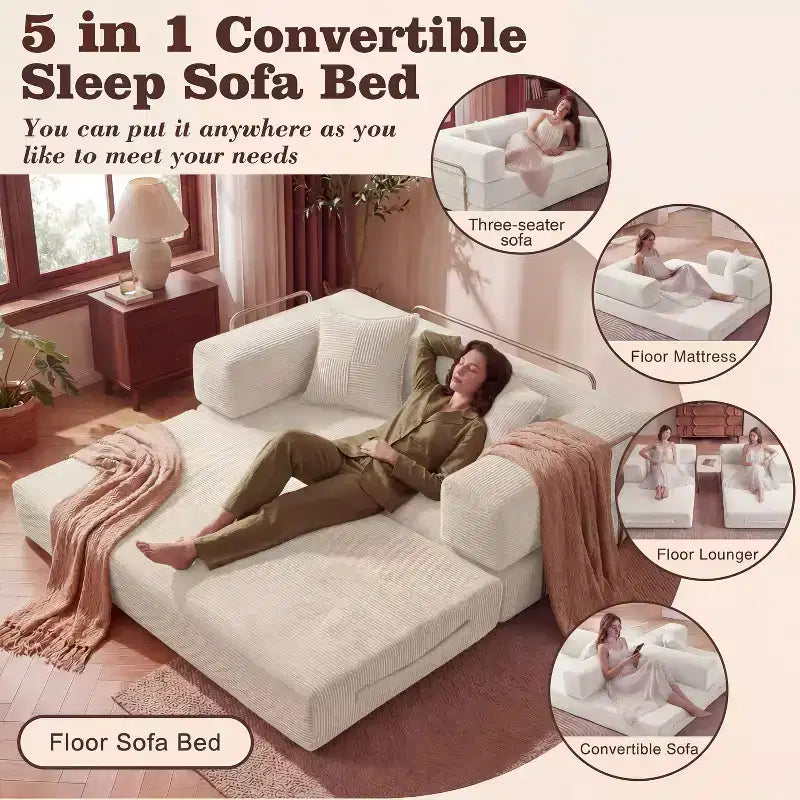 Dyonery 65-in five-in-one folding floor sofa bed, convertible into a double bed sofa bed, with a fixed metal frame, corduroy