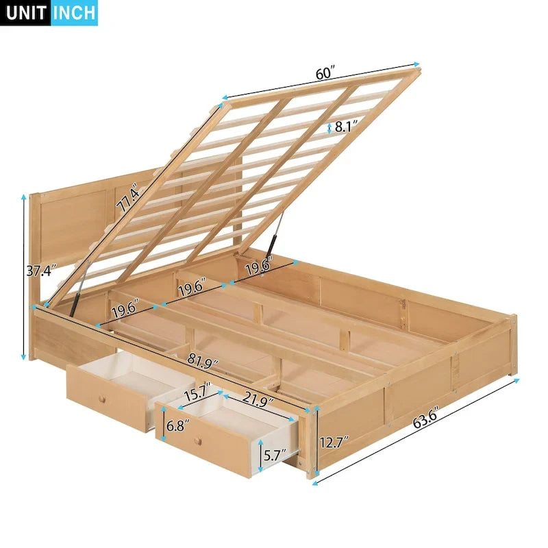 Wood Platform Bed with Underneath Storage and 2 Drawers