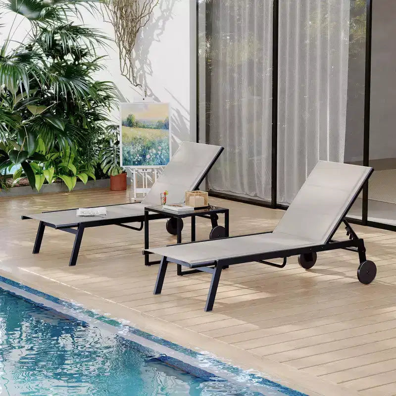 GustoWave Outdoor Chaise Lounge Chairs Set of 3, 5-Position Adjustable Backrest, with Wheels & Side Table for Patio, Poolside and Beach