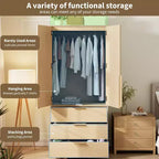 2-Door Wardrobe Cabinet with 3 Drawers & Hanging Rod