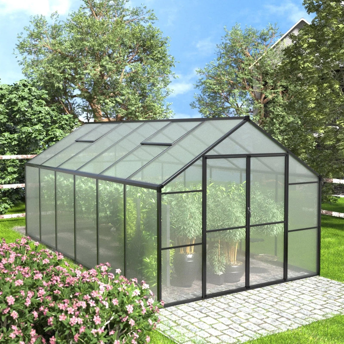 VEIKOUS Aluminum Walk-In Garden Greenhouse Kit with Adjustable Roof Vent and Lockable Door Grey