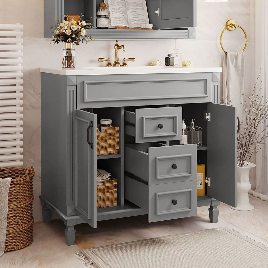 36 Modern Bathroom Vanity with Top Sink and Mirror Cabinet,2 Doors and 2 Drawers