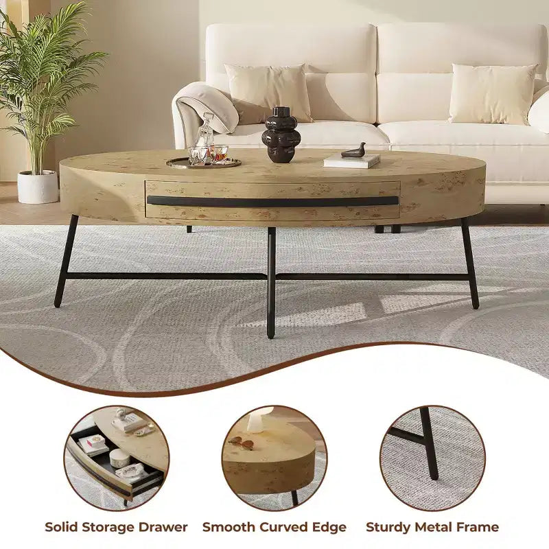 Oval Coffee Table with Drawer Mid-Century Modern Center Table 47.2 Wooden Coffee Table with Storage and Cross Metal Legs Curved Design