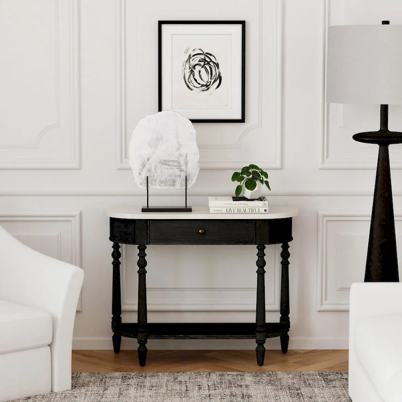 Marble Top Console Table ¨C Light Brown / Grey / Washed Black, Demilune, 1-Person Assembly