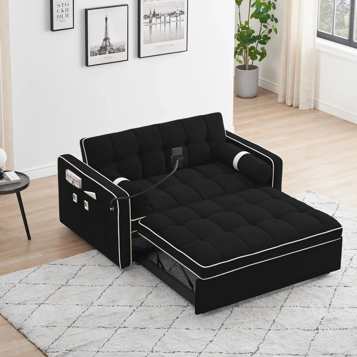 Velvet Convertible 55 2-Seater Sleeper Sofa with Pull-Out Bed, Adjustable Recline, Side Pockets, and Phone Holder