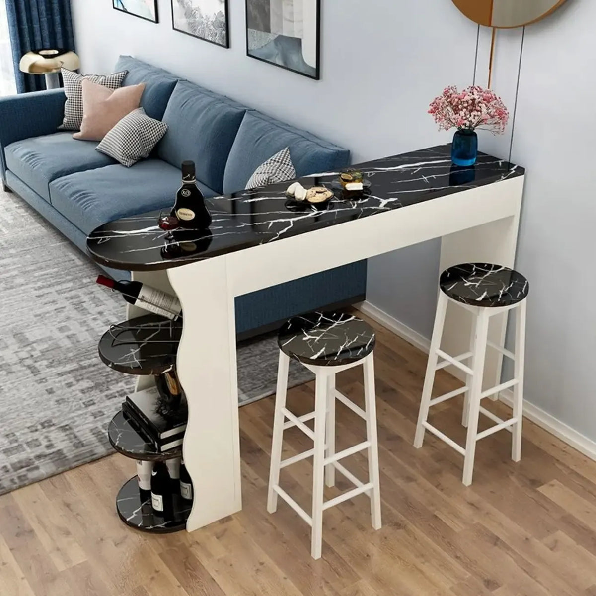 Modern Black-White Wooden Asymmetrical Shelves Bar Tables