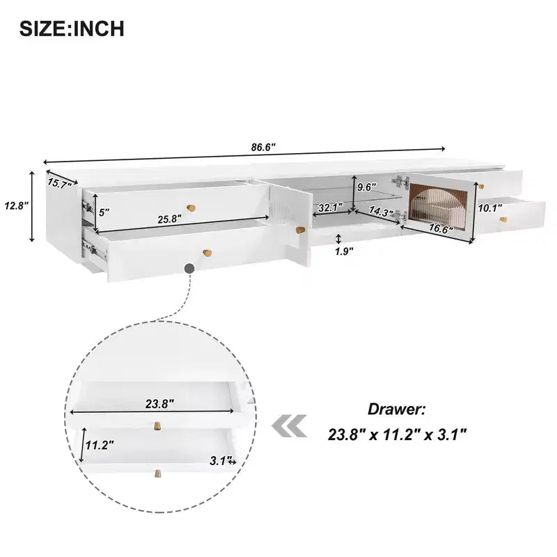 TV Stand for 95 TV, Extra Long Media Console with 2 Doors & 4 Drawers, Large TV Storage Cabinet Entertainment Center with Fluted Glass Doors
