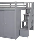 Teddy Fleece Full Size Loft Bed with Storage Shelf and Drawers, Wooden High Loft Bed with Versatile Desk for Bedroom