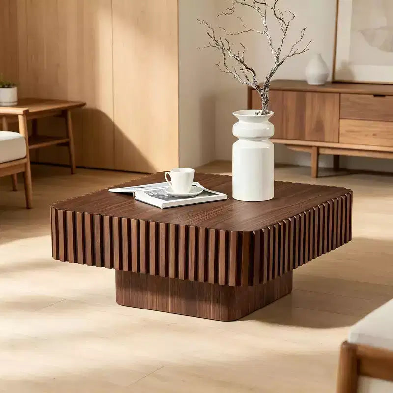 31.5 Modern Handcraft Drum Coffee Table, Square, Walnut MDF Pedestal