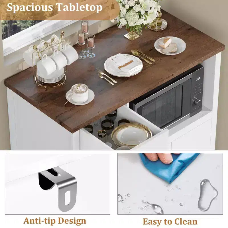 White & Walnut Kitchen Microwave Cabinet - 3-Door Pantry Storage Buffet with Adjustable Shelves for Dining Room, Living Room & Hallway